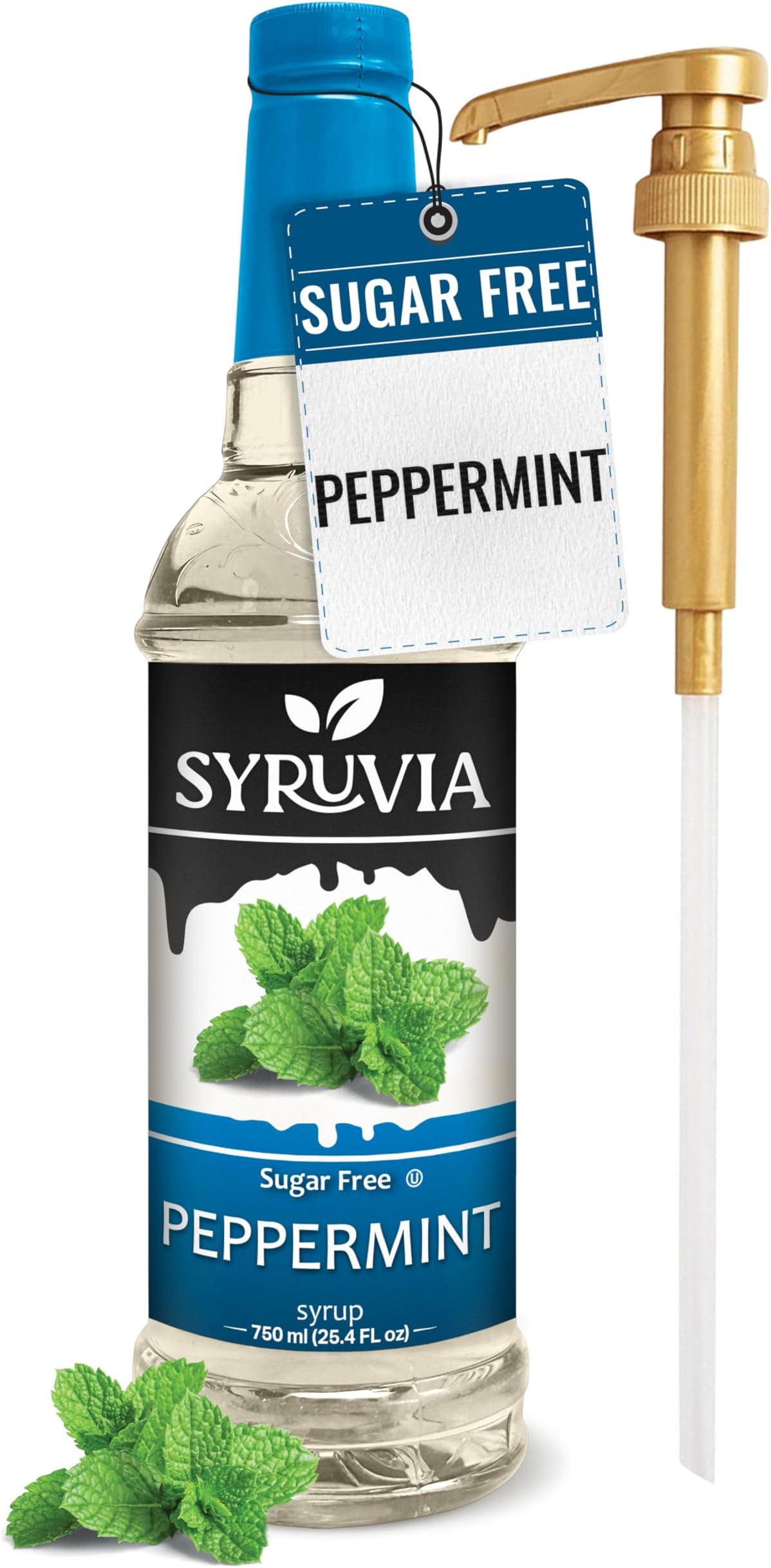 Syruvia Sugar Free Peppermint Syrup for Coffee, Flavored Syrup for Drinks, Lattes, and Desserts – 25.4 fl oz, With Pump