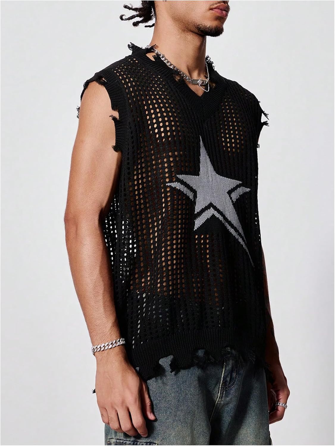 Verdusa Men's Sweater Vest Y2k Gothic Tops Sleeveless Shirts Raw Trim Knitted Sheer Crochet Pullover Top - Image 4