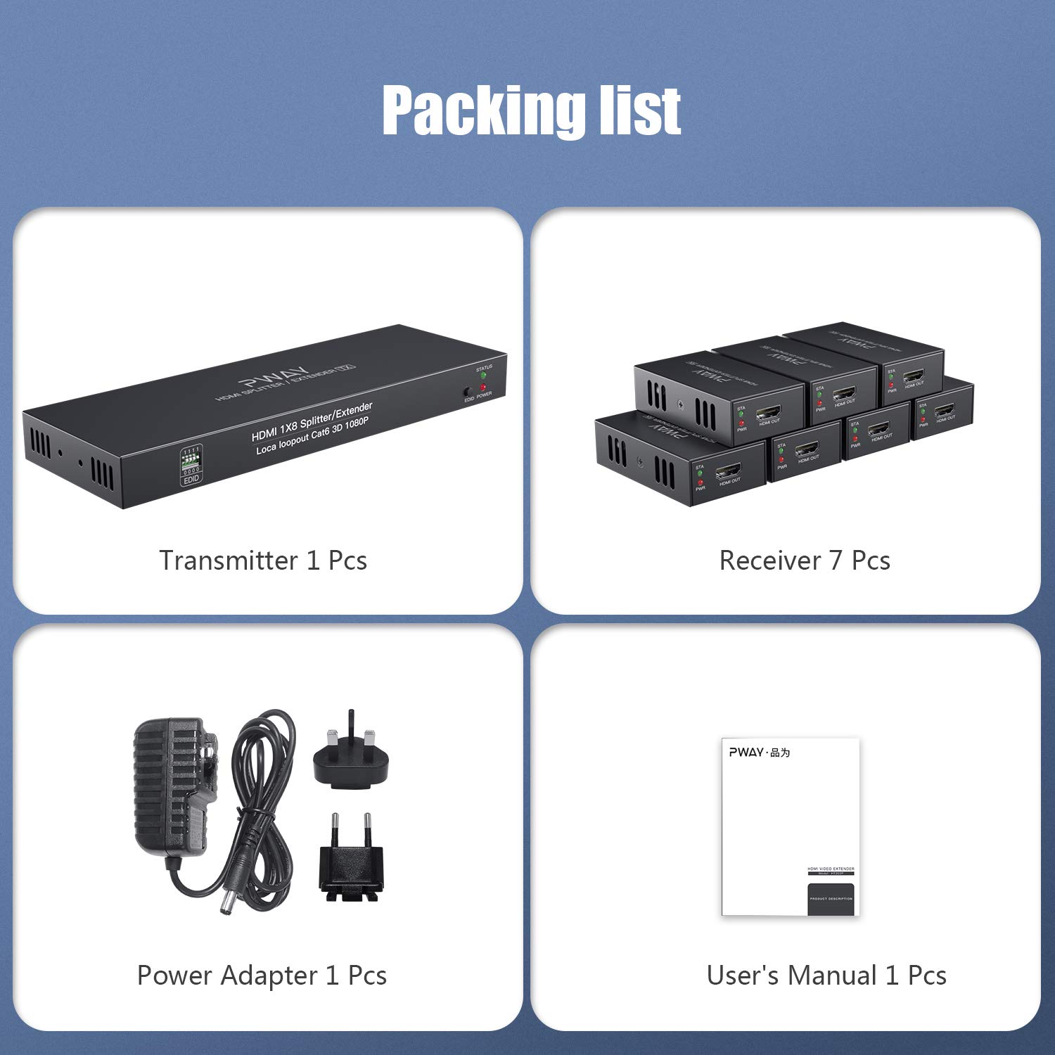 PWAY PW-HTS0107(POC) 1X7 HDMI Extender Splitter Ultra HD 1080P sur câble Support EDID Jusqu'à 50m/165ft Cat6 Télécommande（1 in 7 Out）