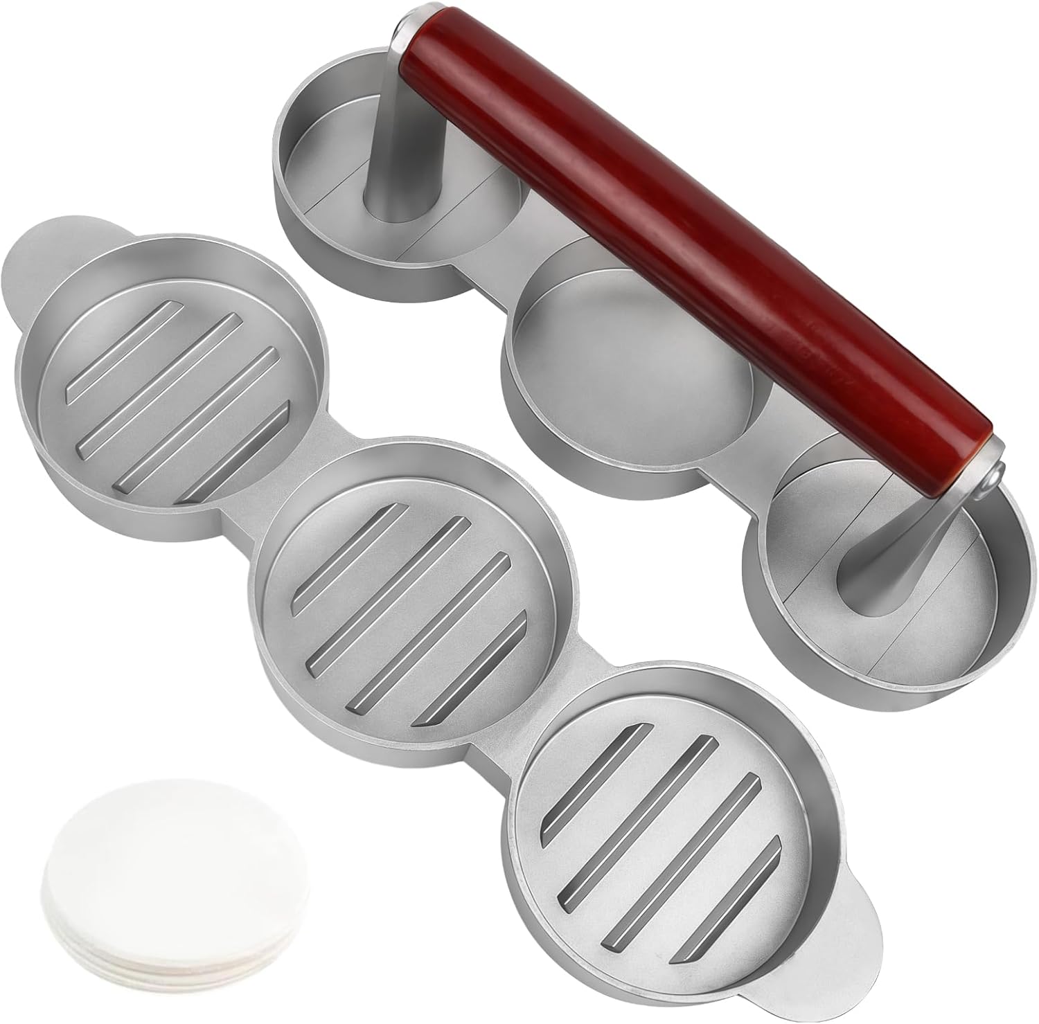 3-In-1 Burger Press Mold With Wooden Handle And 100 Patty Papers, Aluminum Alloy Non-Stick Patty Maker For Grill And Kitchen Use