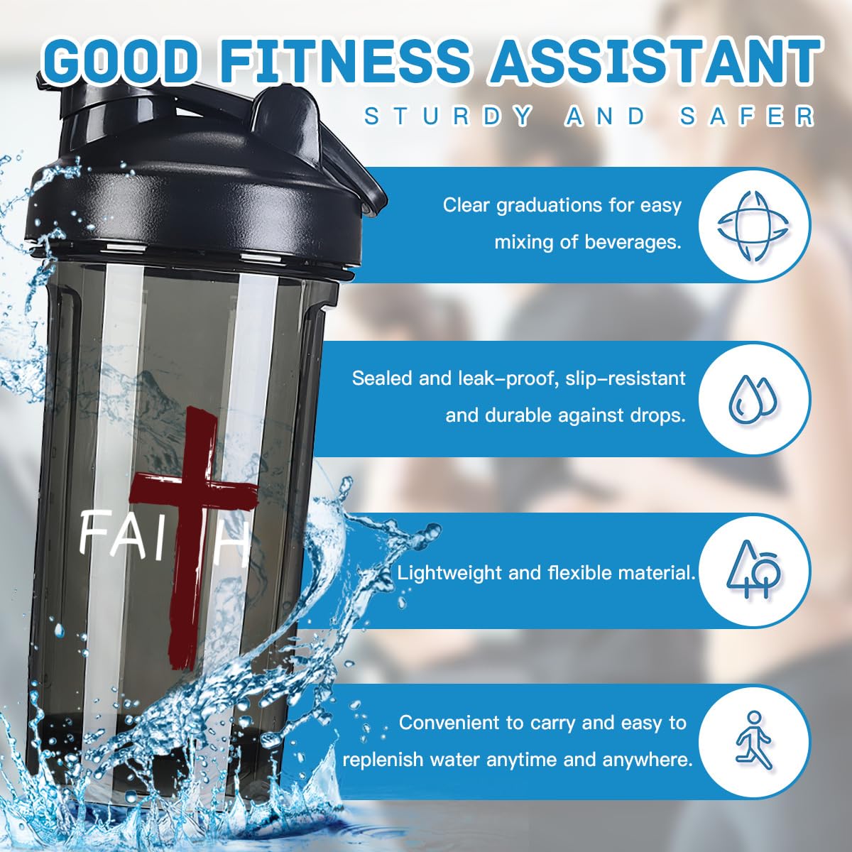 Jesus Christian Faith Cross 8 18 Ounce Shaker Bottle Drink Mixer Leak-proof Pre Workout Protein Shakes Meal Replacement Shakes Bottles 500ML/18 Oz Black