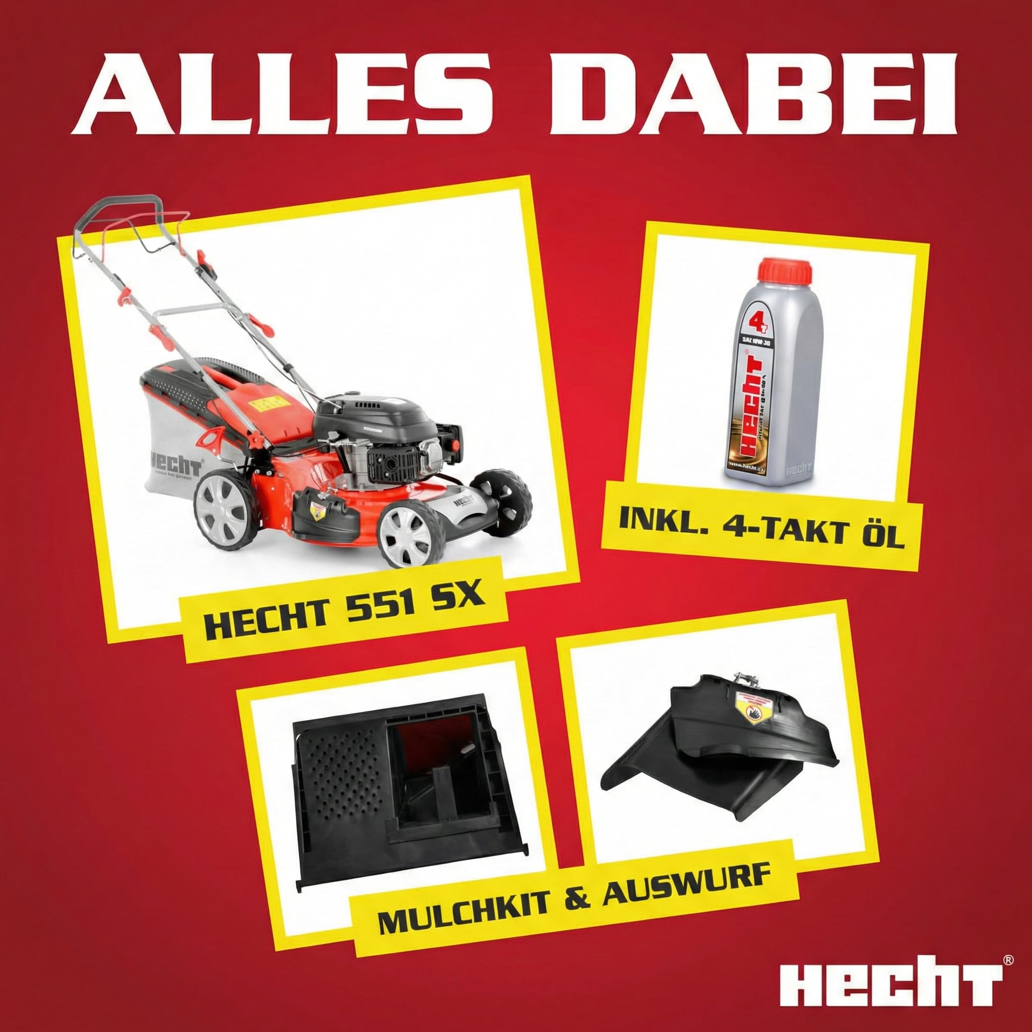 HECHT Benzin Rasenmäher 51 cm mit Antrieb 5,2 PS | 5-in-1 Mulchfunktion, Seitenauswurf, 70L Fangkorb, Benziner für Gärten bis 1500 m²