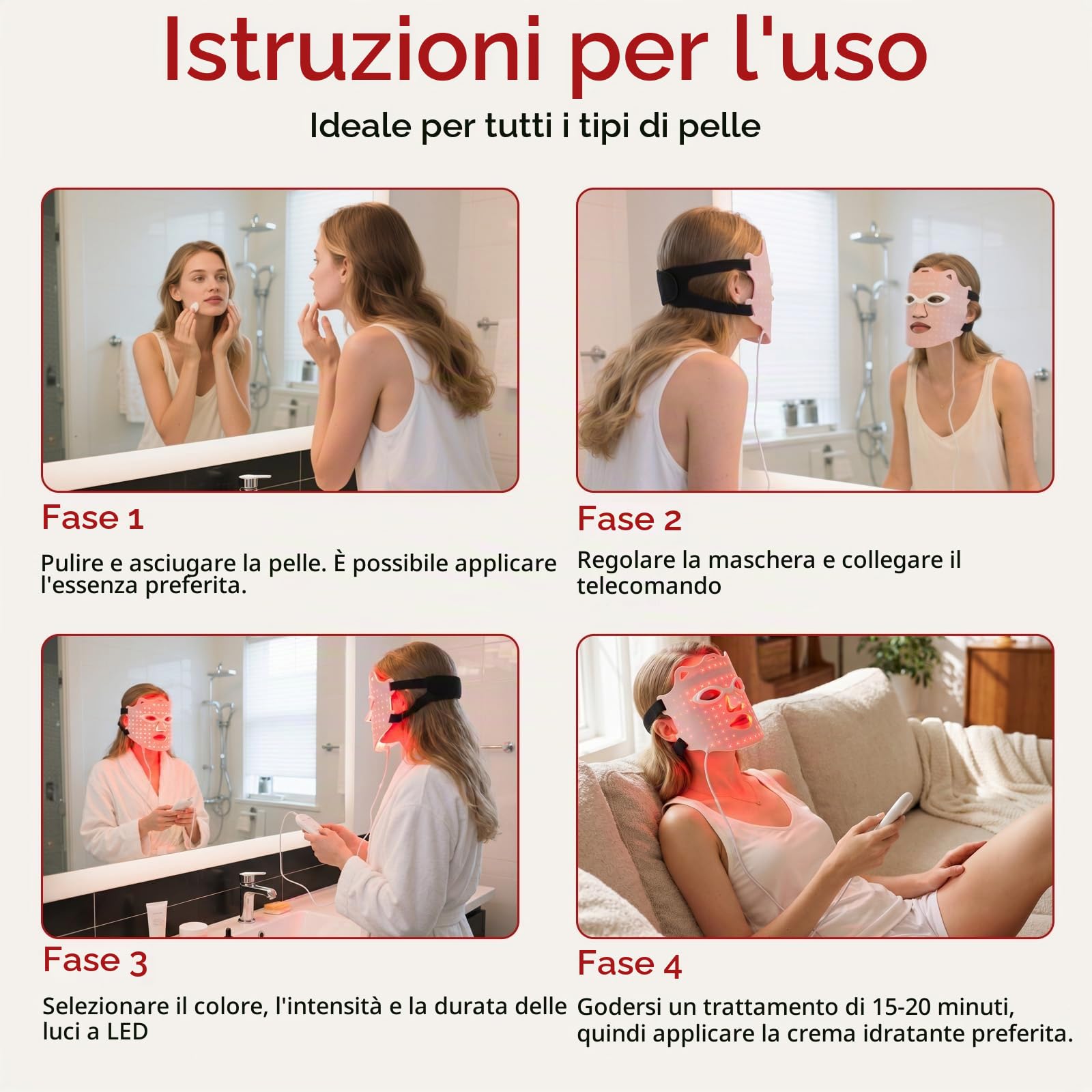 Maschera LED Viso, Maschera Viso LED Silicone Flessibile, Maschera led 7 colori, Dispositivo Anti-Invecchiamento e per le Rughe, Adatta a Tutti i Tipi di Pelle, Ideale per Casa e Viaggio