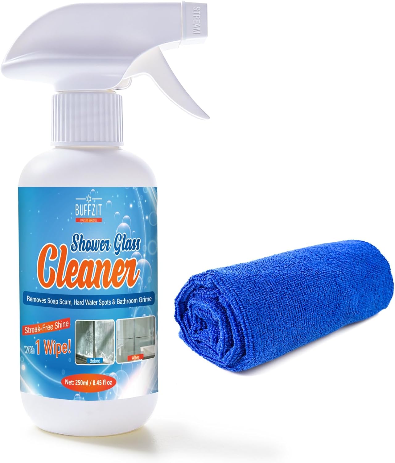 Shower Glass Cleaner, Hard Water Stain & Soap Scum Remover for Glass, Windows and Mirrors, Streak-Free Bathroom Glass Cleaner with Cleaning Towel, 8.45 fl oz / 250ml product image