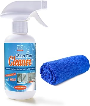 Shower Glass Cleaner, Hard Water Stain & Soap Scum Remover for Glass, Windows and Mirrors, Streak-Free Bathroom Glass Cleaner with Cleaning Towel, 8.45 fl oz / 250ml