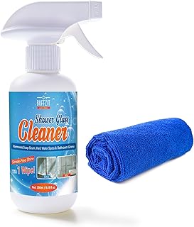 Shower Glass Cleaner, Hard Water Stain & Soap Scum Remover for Glass, Windows and Mirrors, Streak-Free Bathroom Glass Cleaner with Cleaning Towel, 8.45 fl oz / 250ml