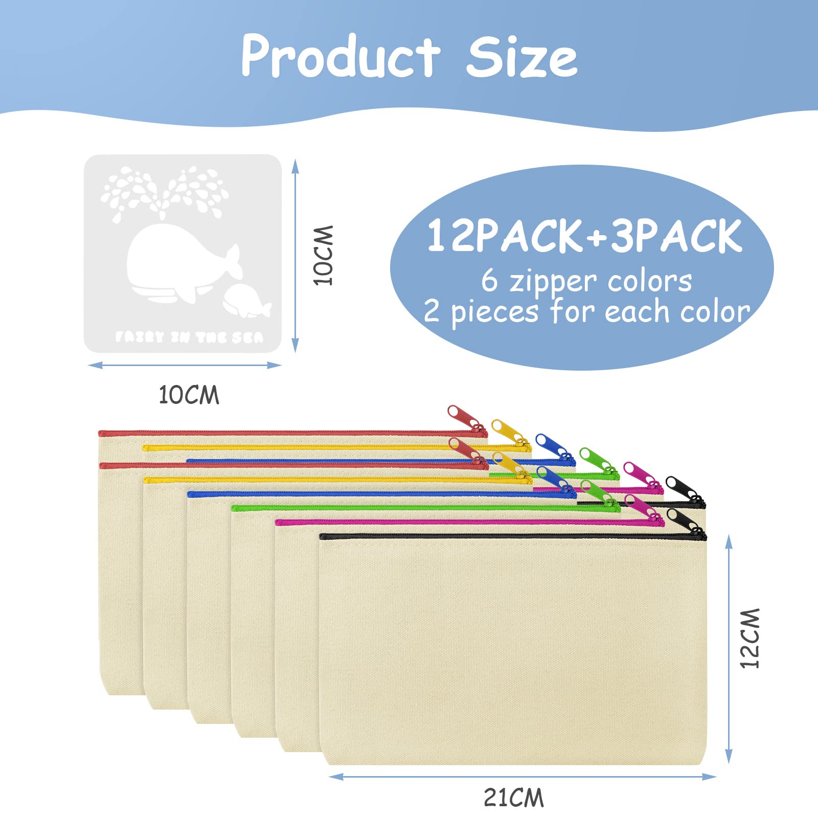 Vicloon Pochette Tissu Zippée 12pcs Trousse de Maquillage en Toile Personnalisable 21x12cm Beige