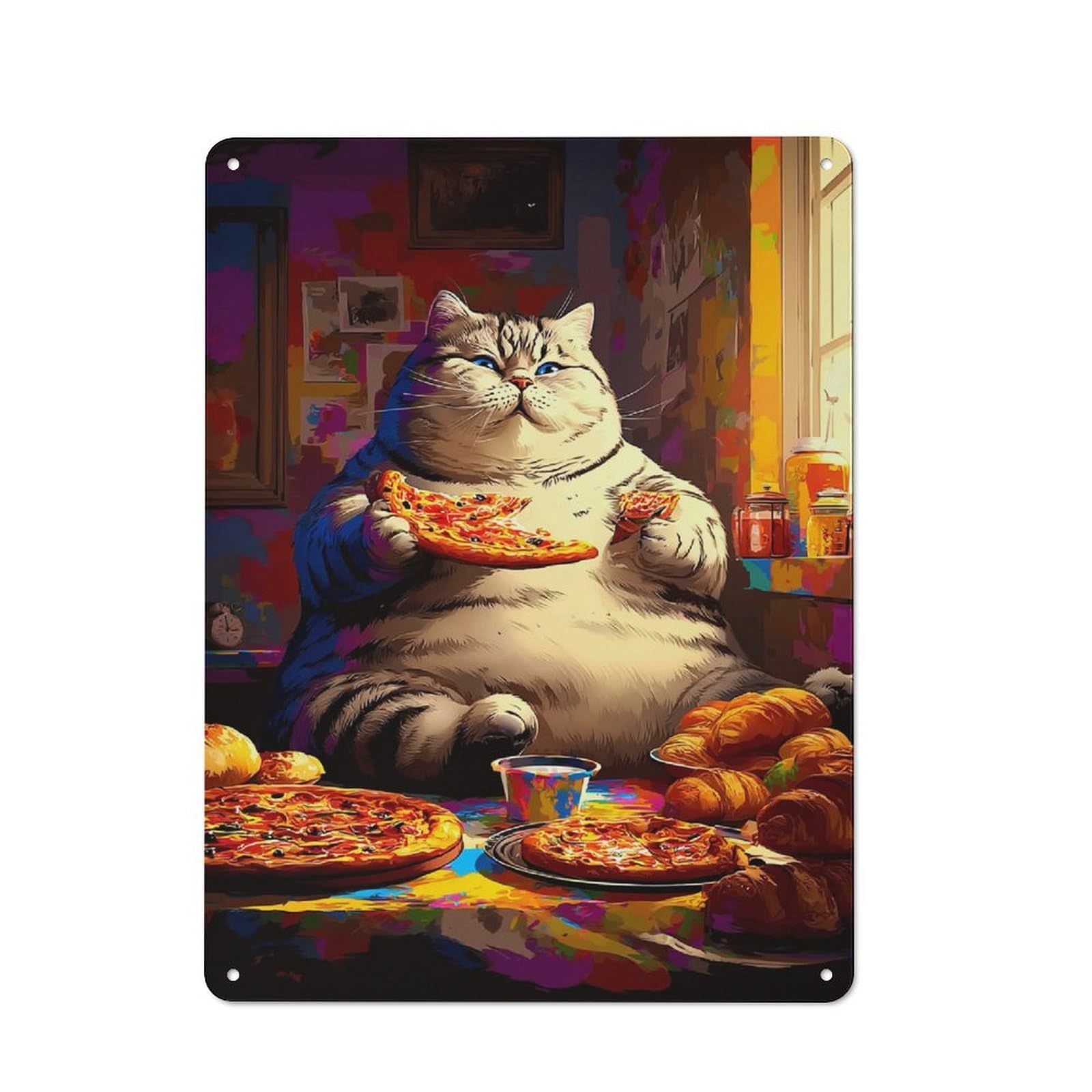 Junmoney Fat Cat Enjoying Pizza Party -3 Vintage Metal Plaque 40X30cm For Café Or Home Bar, For Vintage Wall Decor Fans, For Home Office And Studio Walls