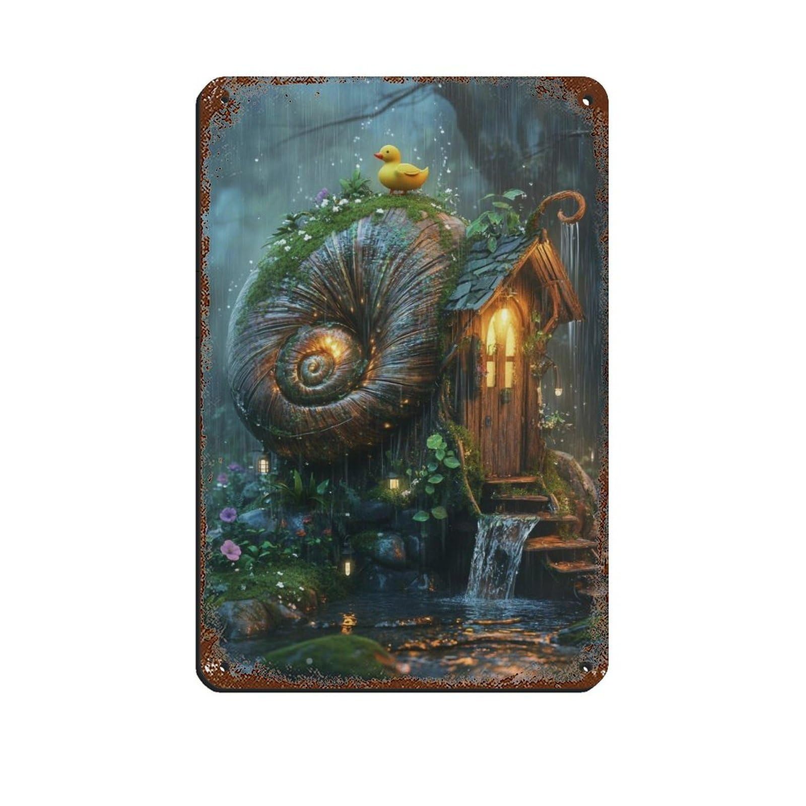Lxwnze 20L X 30W Cm Enchanted Forest Snail House Tin Sign Vintage Metal Pub Club Cafe Bar Home Wall Art Decoration Poster Retro 8X12inch(20X30cm)