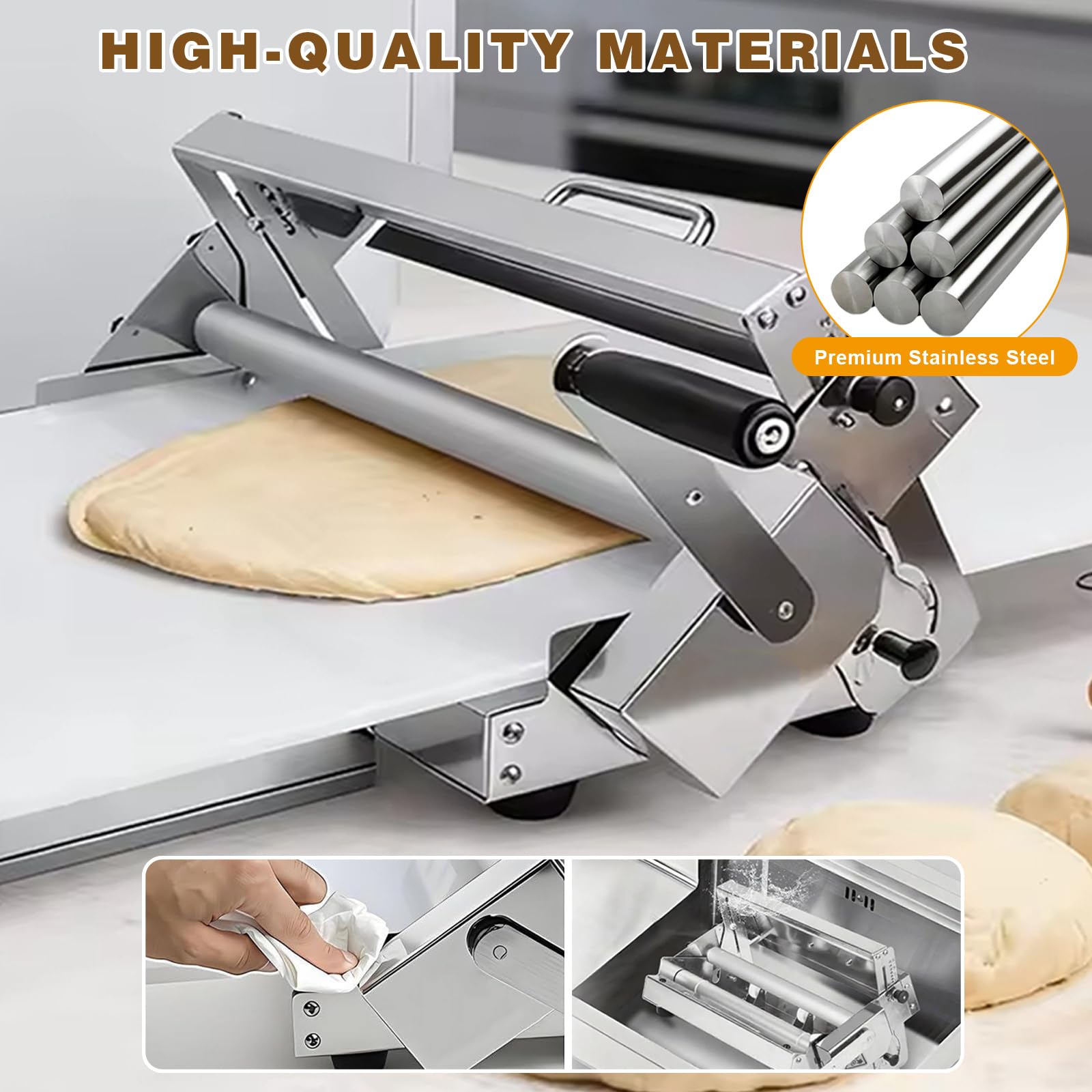 Macchina per sfogliare l'impasto, laminatrice manuale per croissant con spessore regolabile, rullo in acciaio inossidabile per cottura a casa o uso commerciale