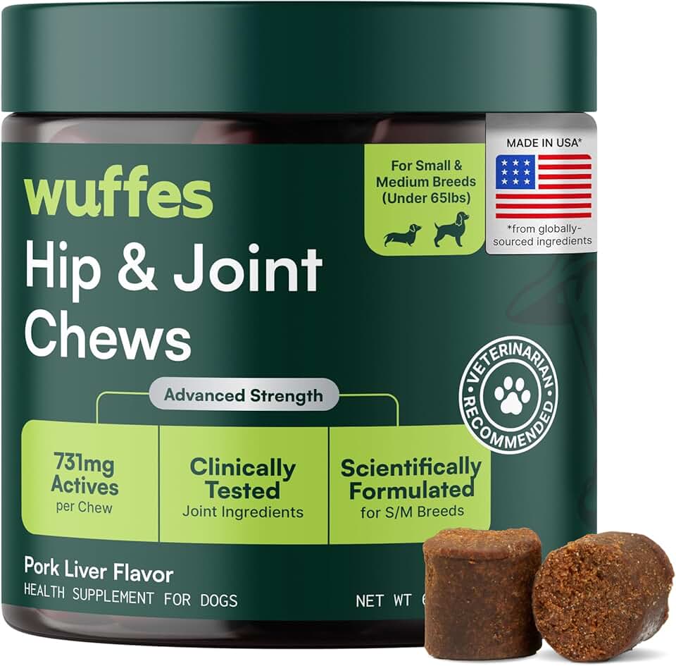 Wuffes Advanced Dog Hip and Joint Supplement with Glucosamine, Chondroitin, Omega 3, MSM, and Green Lipped Mussel, 60 Pork Flavored Chews for Small and Medium Dog Breeds