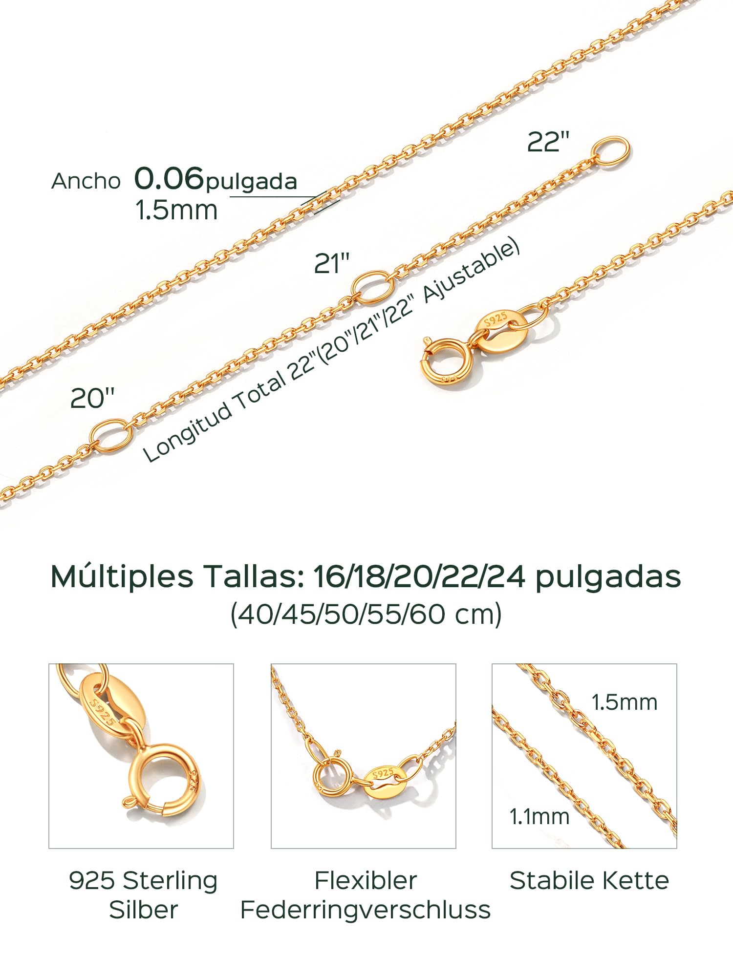 ChicSilver 925 Plata Cadena Fina Mujer para Colgante Collar Delicioso | 1,1/1,5mm Ancho 40-60cm Largo Chapado en Oro Blanco/18K Joyería Minimalista Regalo