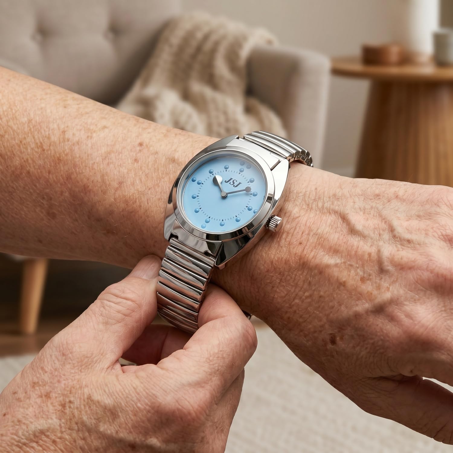 Reloj De Pulsera Braille para Invidentes o Personas Mayores Azul Dial, Banda Expandible Acero