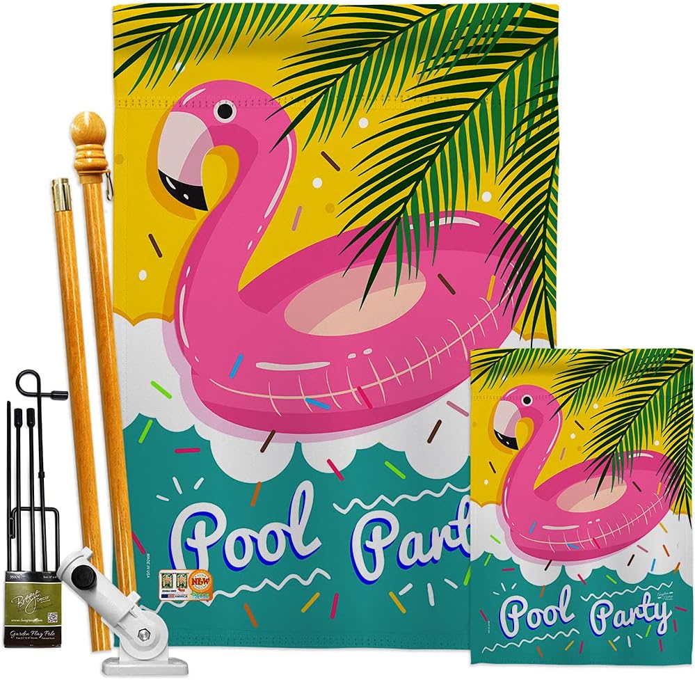 Summer Pool Party House Flag Dowel Set Summertime Fun and Sun Beach Luau Tropical Season Outdoor Sunny Small Decorative Gift Yard Banner Made In USA 28 X 40