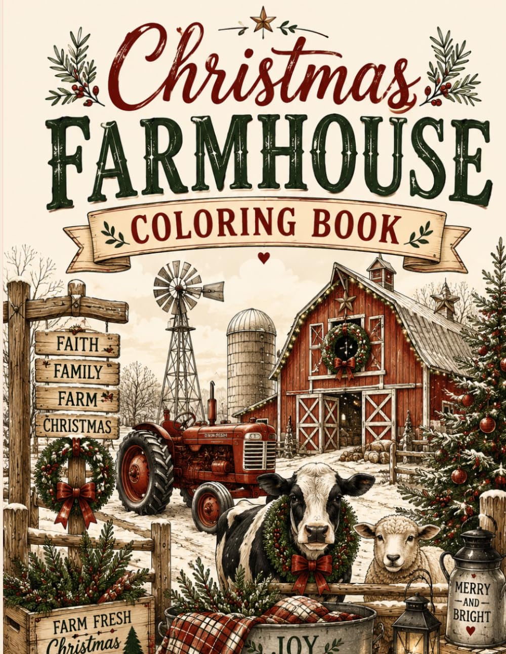 Christmas Farmhouse Coloring Book: Cozy Country Scenes, Snowy Barns and Rustic Holiday Style for Adults
