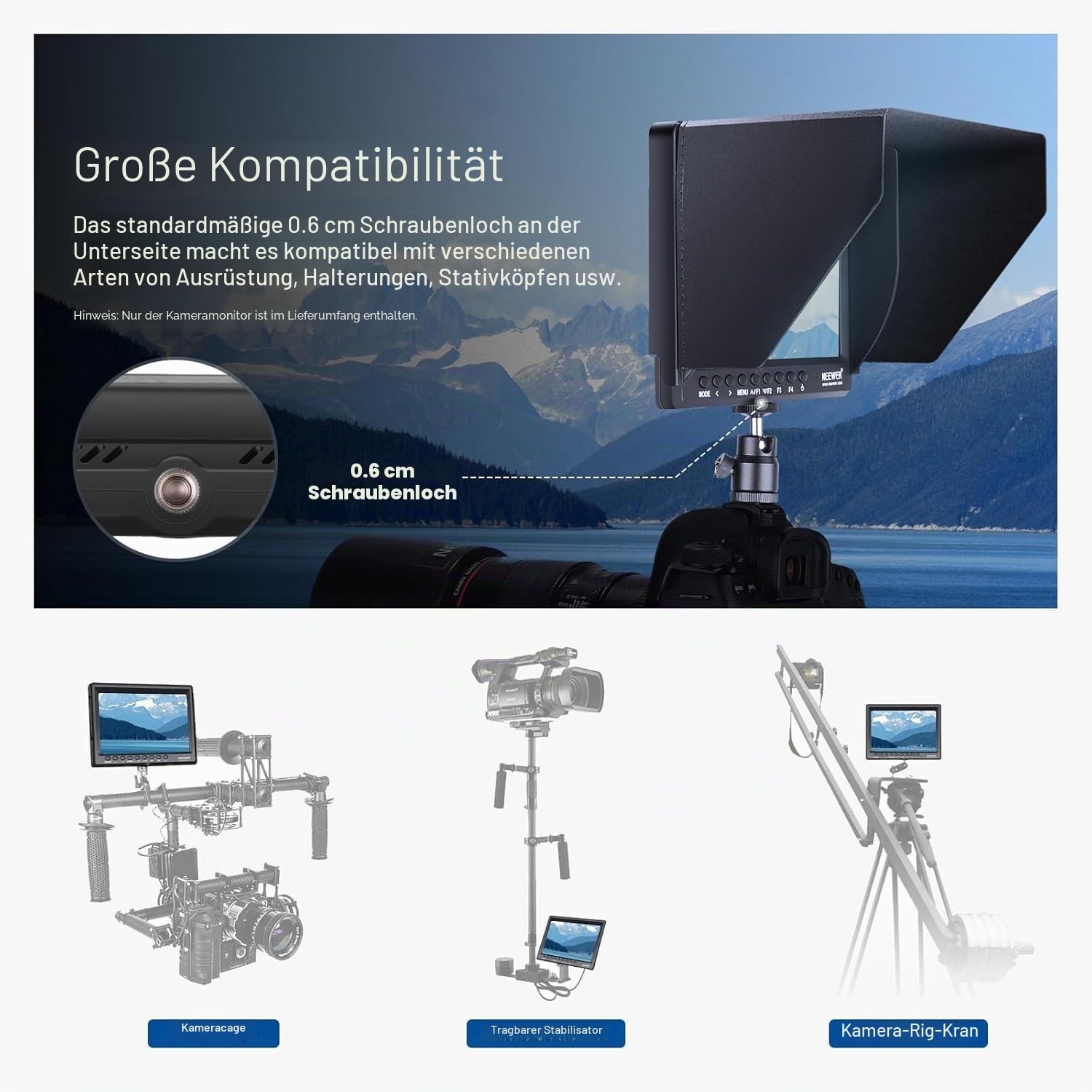 NEEWER 7Zoll Kamera Feldmonitor, HD Videoassistent IPS 1280 x 800 HDMI 1080p mit 4400mAh F750 Akku, Sonnenblende und 360° Kugelkopf für DSLR Camera, Handstabilisator, Film Video Erstellungsgerät, F100