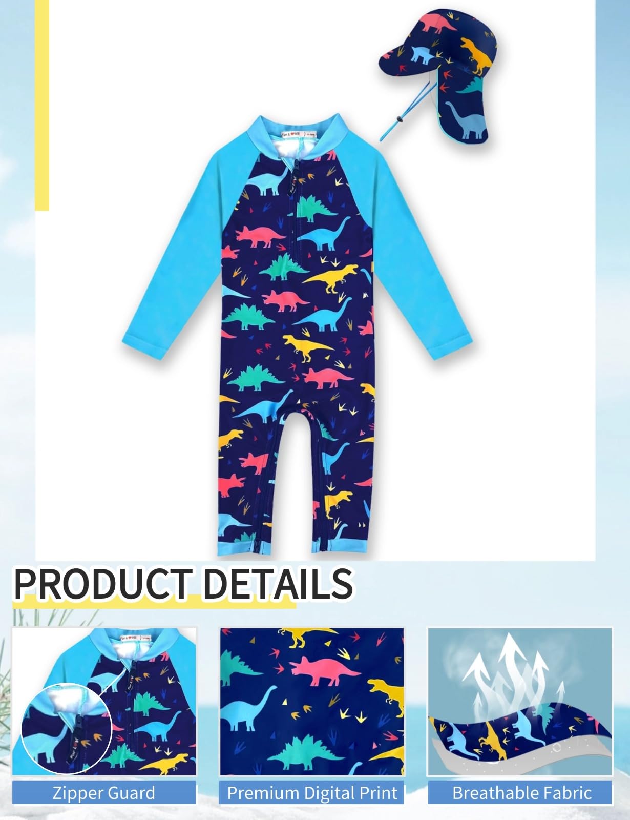 weVSwe Baby Toddler Boy Swimsuit Long Sleeve Baby Swimwear UPF 50+ Sun Protection Rash Guard Swimming Costume with Crotch Zipper 0-3 Years — view 51