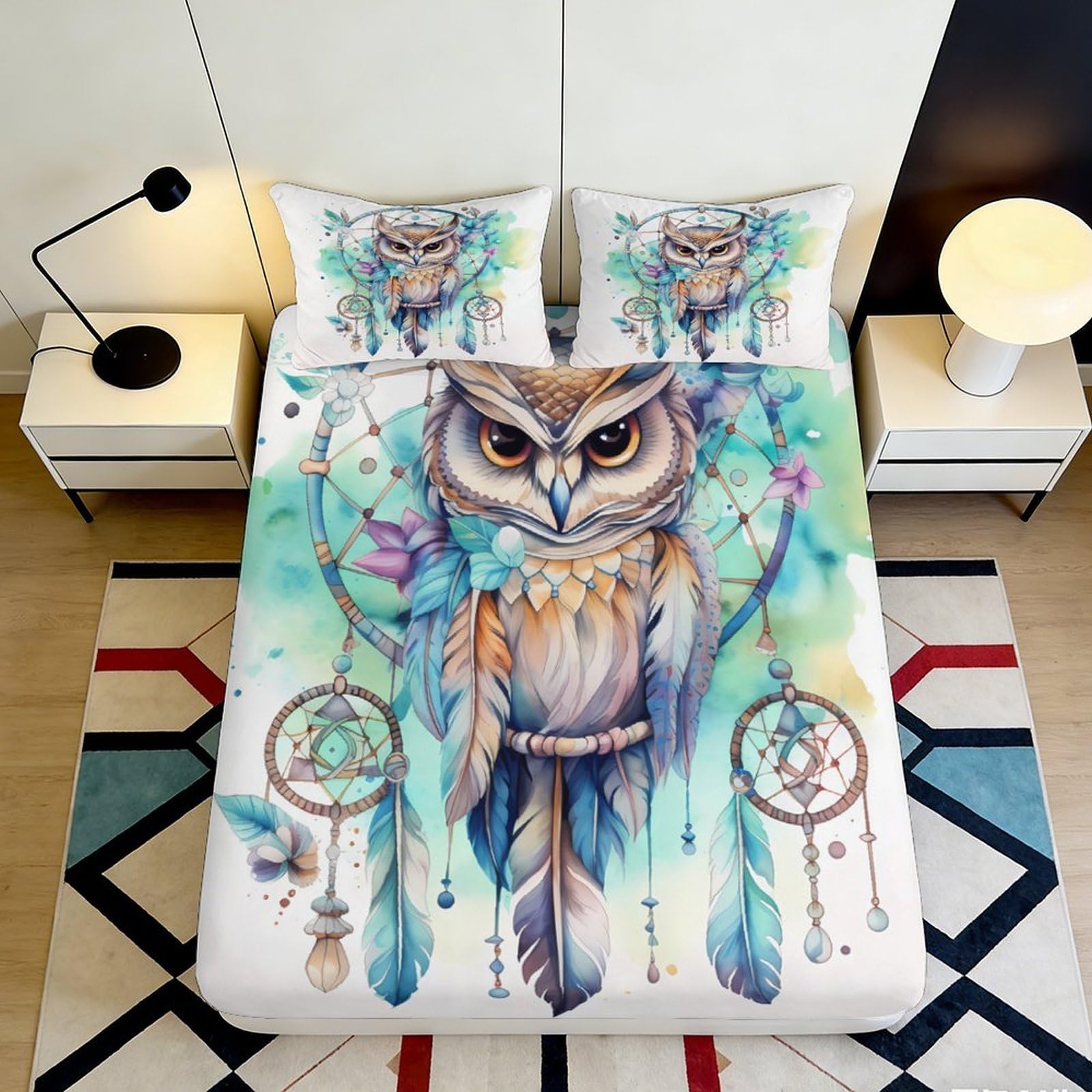 3D Printed Dreamcatcher Owl Fitted Sheet Microfiber Soft Breathable Boho Feather Mattress Cover Bedroom Decor 140x200x25cm