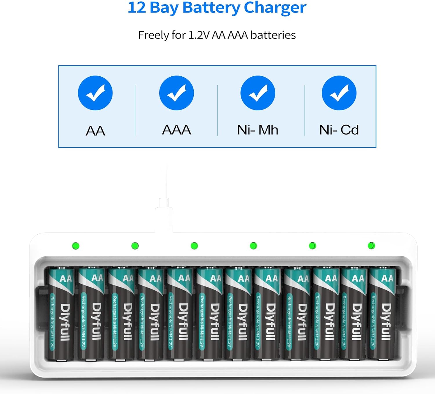 Dlyfull U12 12-Bay Battery Charger with various AA and AAA batteries, indicating compatibility with Ni-MH and Ni-CD types