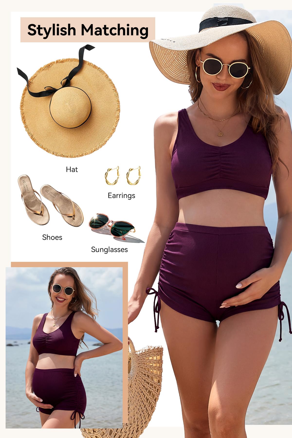 SHEKINI Damen Umstandsbademode Bikini Set Badeanzug V Ausschnitt Gepolstertes Bikinioberteil mit gerüschter Seite Kordelzug Bikinihose Boyshorts