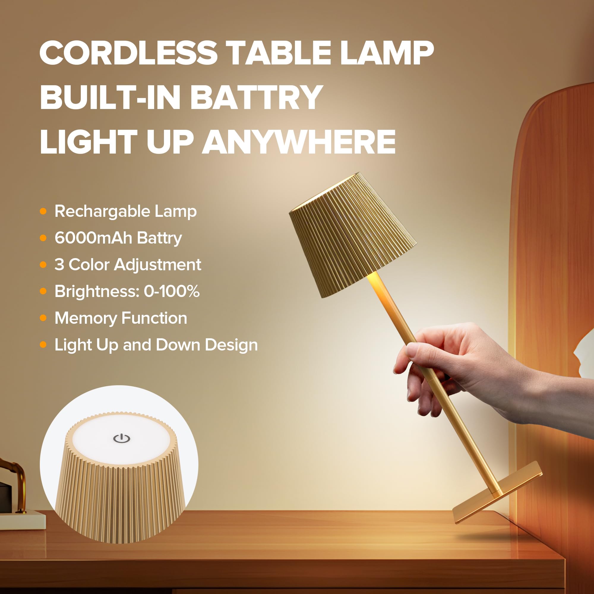 LUTEC Confezione da 4 lampade da tavolo senza fili, 6000 mAh, ricaricabile a batteria, due altezze regolabili, impermeabile, controllo touch e regolazione continua in 3 colori, per ristorante, camera
