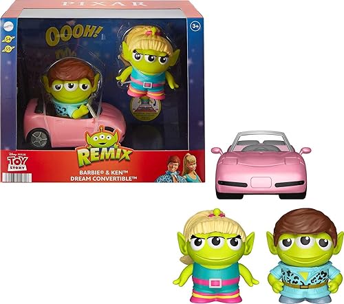 Mattel Pixar Alien Figuras de acción 2 unidades, Barbie y Ken Remix Figuras con coche de juguete, regalos coleccionables