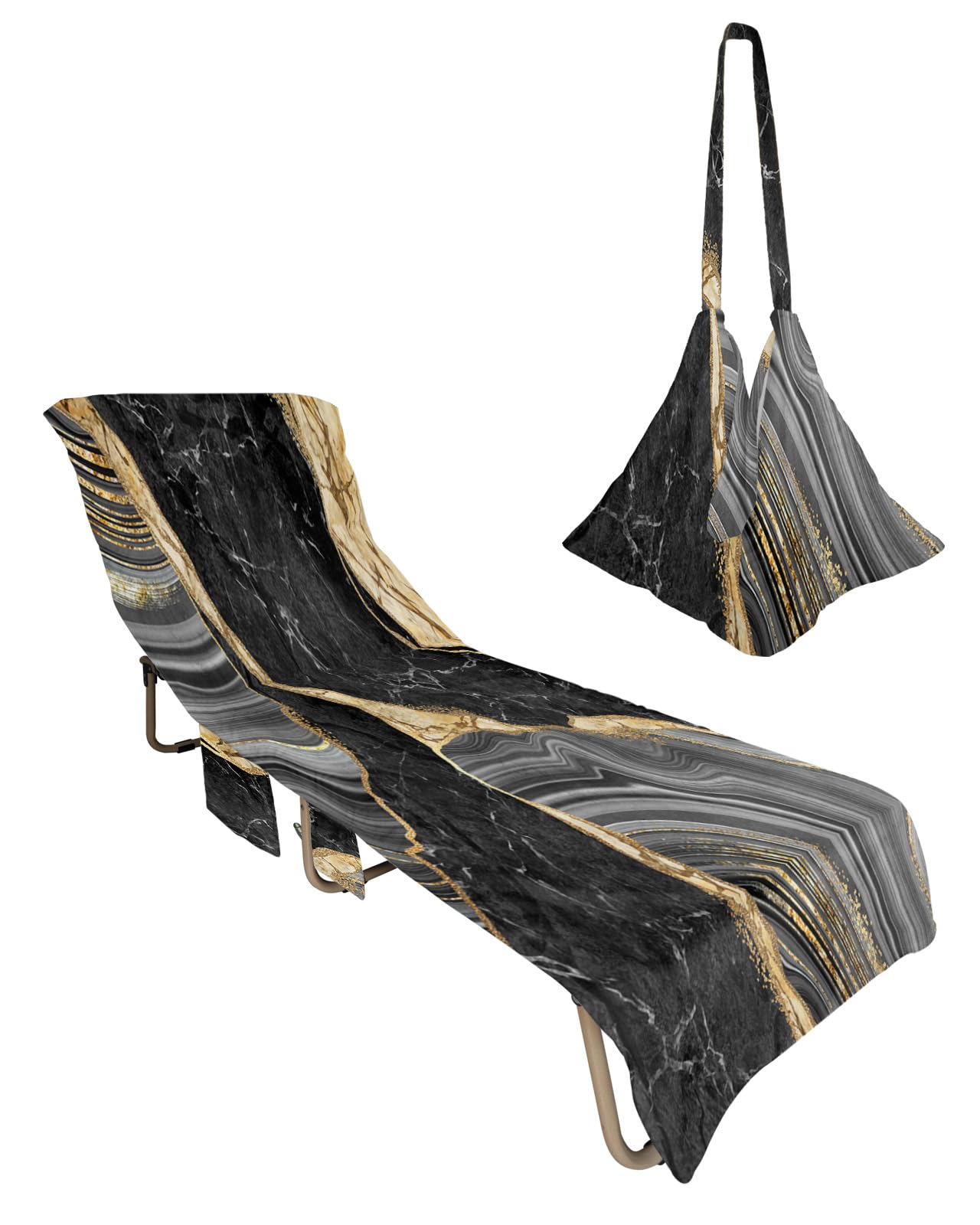 Abstract Marble Beach Chair Towel Covers for Chaise Lounge with Side Pocket, Soft Plush Pool Towels Cover for Patio Sunbathing Outdoor 29''x85'' ContemporaryGeometric Black Grey Gold
