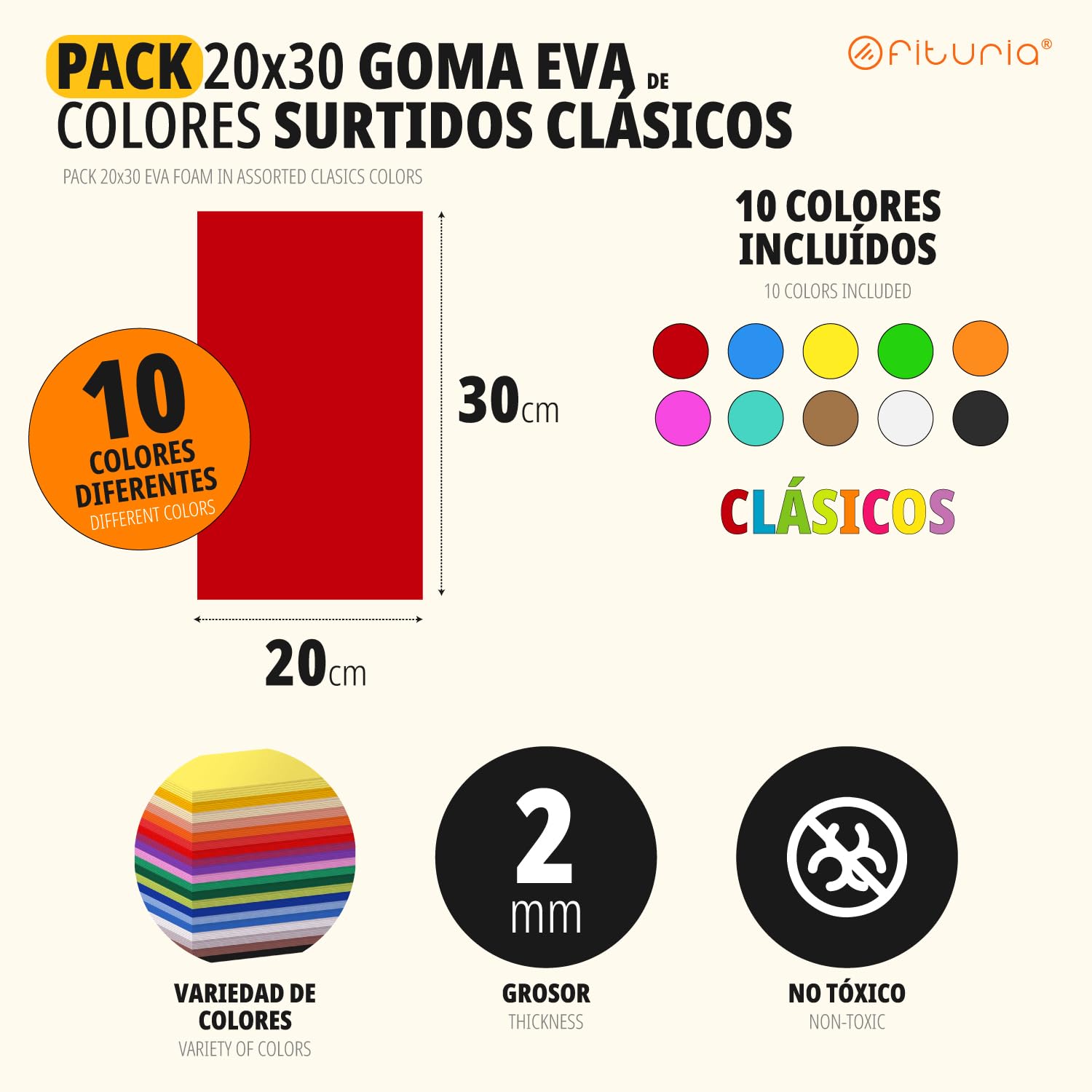 OFITURIA Pack 100 Hojas de Goma Eva, Tamaño 20x30cm, 10 Colores Básicos Surtidos Ideales para Proyectos Creativos, Manualidades, Uso Escolar o Profesional, Foamy EVA (Surtido Clásicos)
