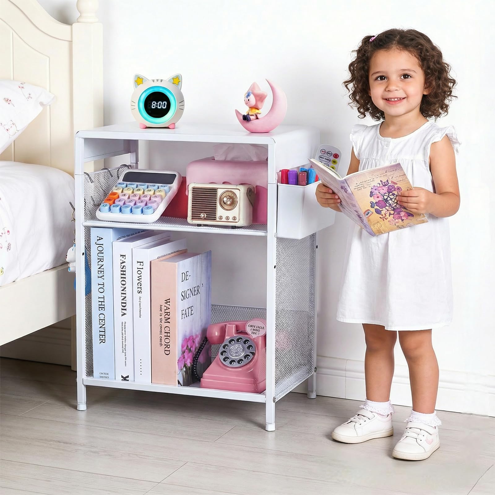 Photo 1 of ECOLOVI Kids Nightstand 19in High for Floor Beds, 3-Tier Metal Small Bedside Table with Adjustable Storage Shelf, Basket & 3 S-Hooks, Low Nightstand for Nursery, Toddler Bedroom (White)
