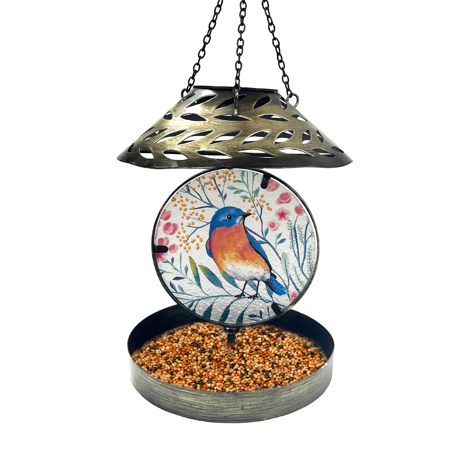 HONGLAND Metal Bird Feeder with Solar Lamp, Outdoor Hanging Wild Bird