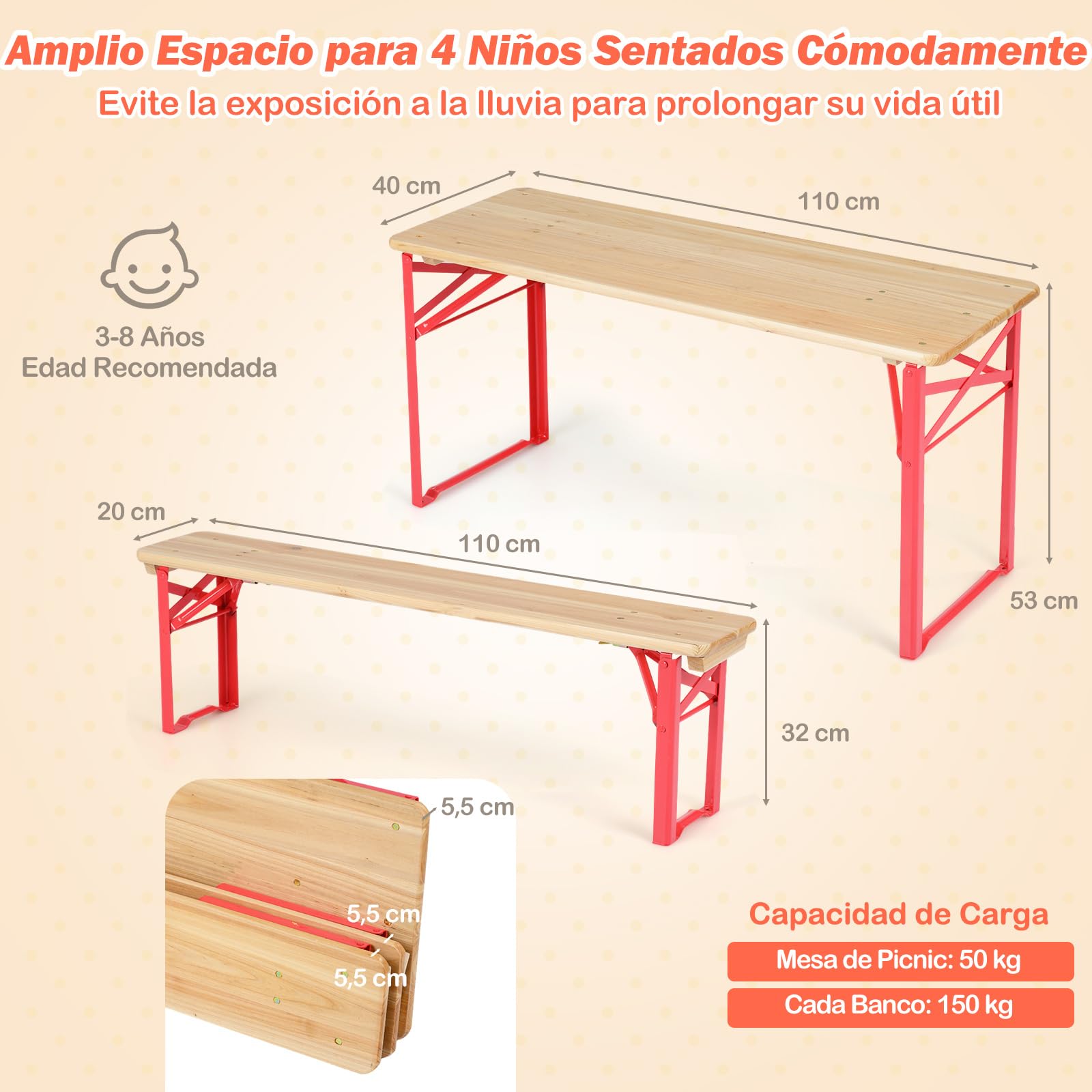 COSTWAY Juego de Mesa y 2 Bancos Plegables para Niños, Mesa de Picinc para 4 Perosonas con Tablero de Madera de Abeto, Marco de Metal, Conjunto Jardín de Asientos Infantiles