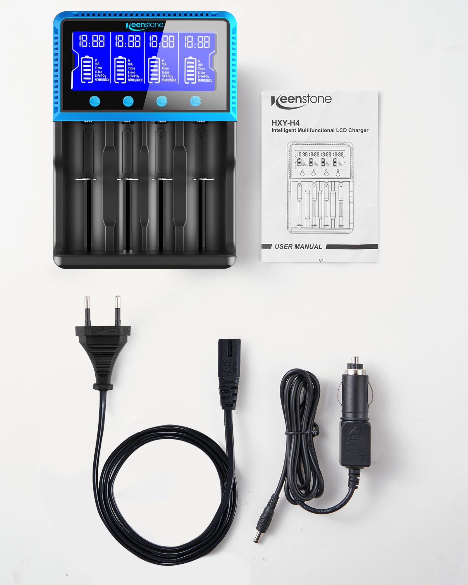 Keenstone Chargeur Accu 18650, Chargeur de Piles Rechargeable Universel pour 26650 10440 14500 16340 26500 IMR Li-ION Ni-MH Ni-CD LiFePO4 AA AAA, Grand Ecran, Emplacement Indépendant