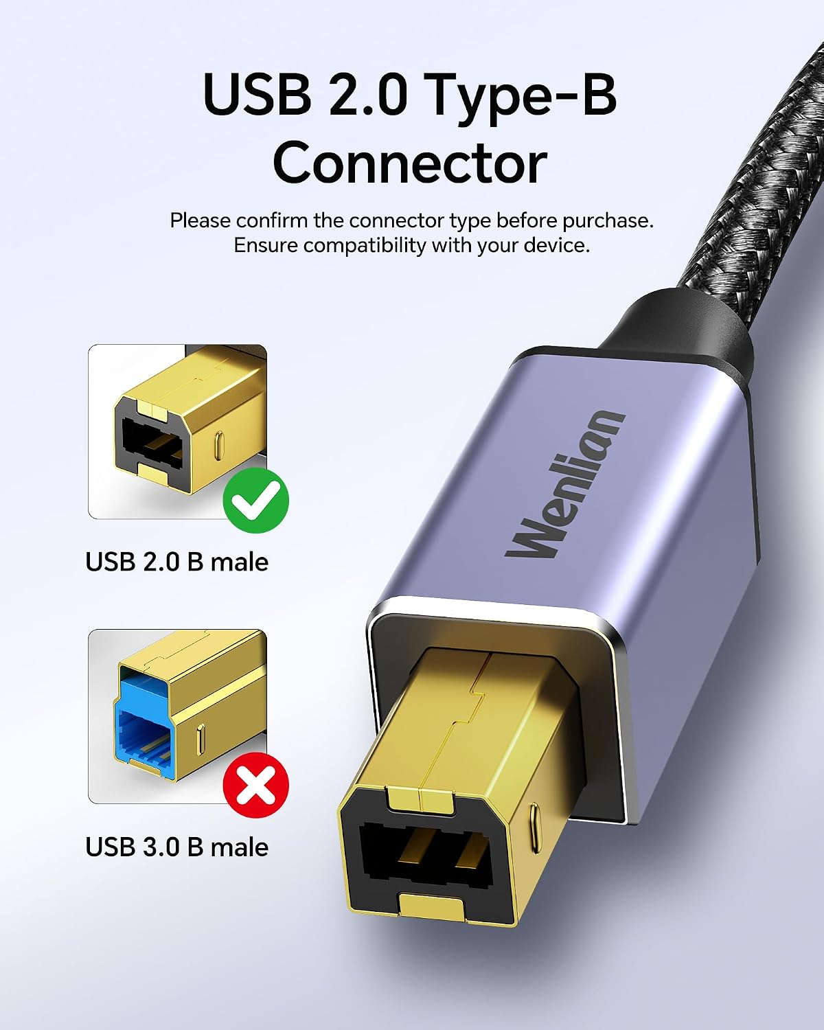 6.6ft USB 2.0 Printer Cable, USB A to B Cable with Ferrite Bead, Gold-Plated Connector, Nylon Braided Cord Compatible with HP Canon Epson Brother Lexmark Xerox Printer Scanner MIDI DJMixer Keyboard