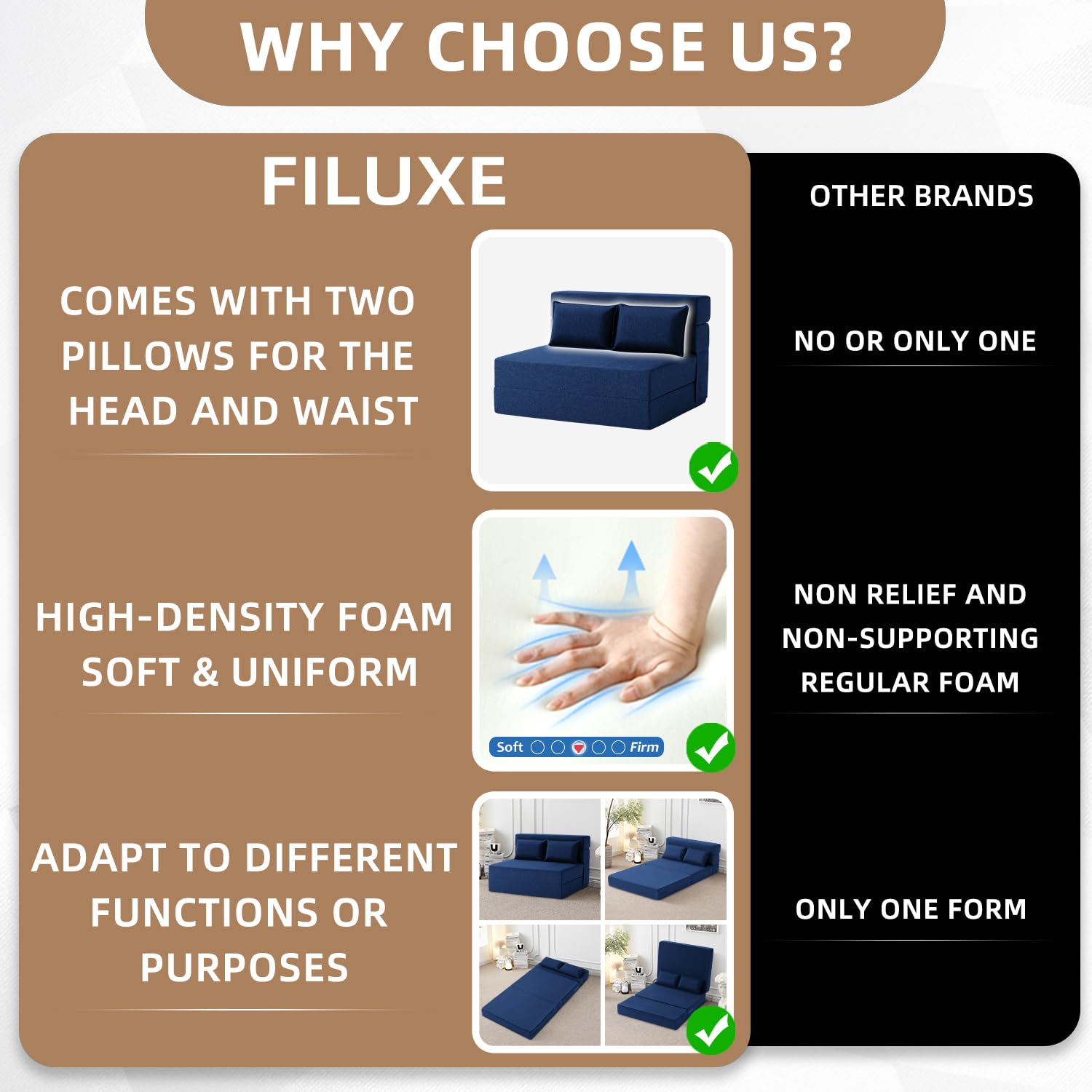 FILUXE Folding Sofa Bed | Convertible Sleeper Chair Bed for Adults, Fold Out Chair to Bed Linen Futon Chair with Pillow, for Home Dorm Apartment RV Living Room, Standard Size, Navy Blue