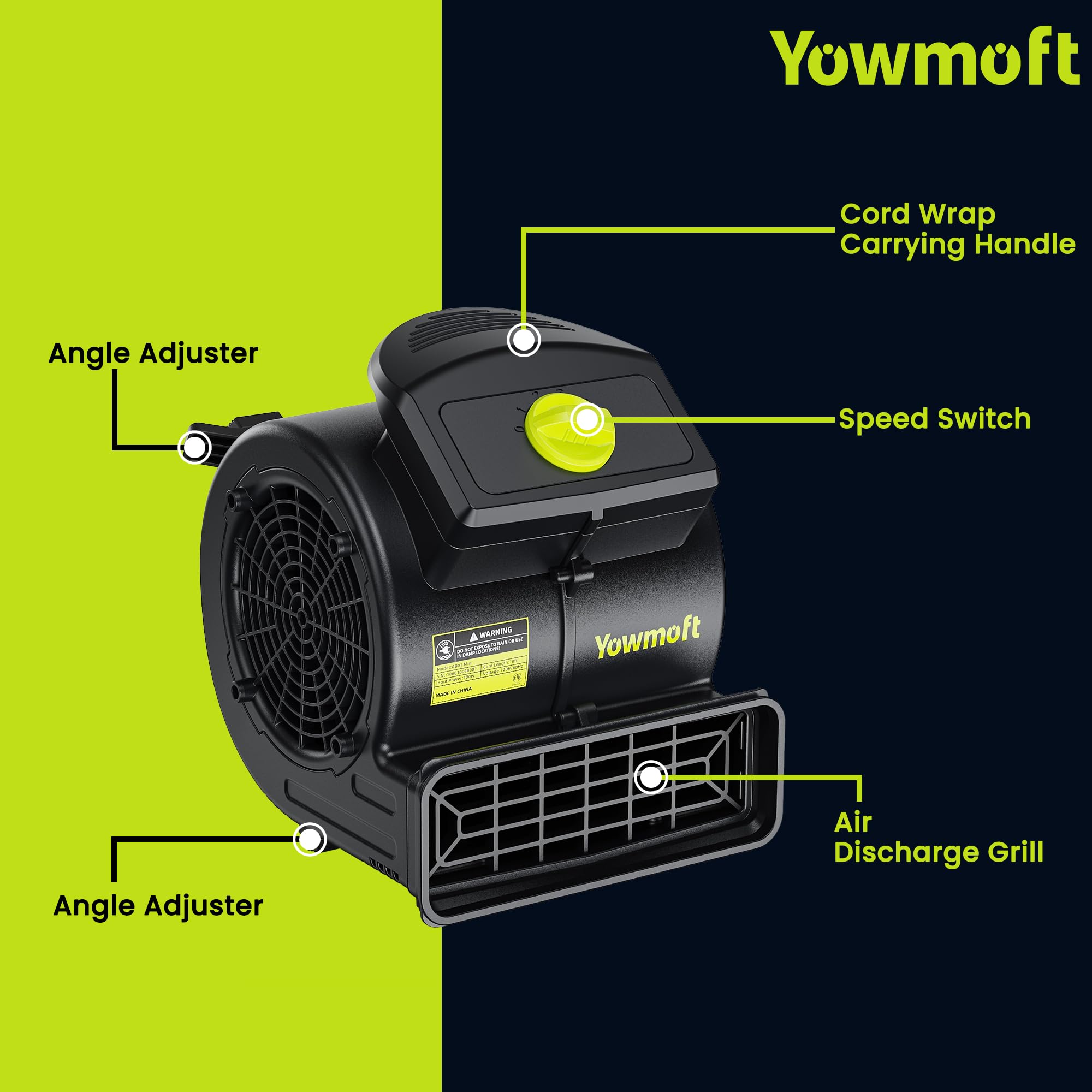 Air Mover, potente secadora de alfombras de 100 W para enfriar, ventilador de secado de piso de 550 CFM con 4 velocidades y 3 posiciones de soplado, soplador de piso para limpieza, fontanería 3