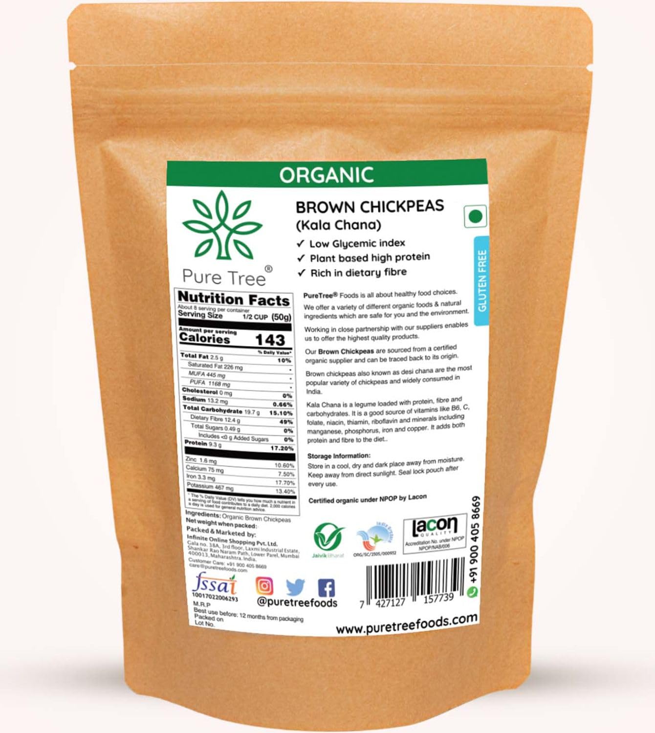 Pure Tree Certified Organic Kala Chana | 850 g | Brown Chickpeas | Desi Chana Whole Kadle Kalu | Plant Based High Protein Kondakadalai | Black Gram Whole Black Chickpeas - Image 2 thumbnail