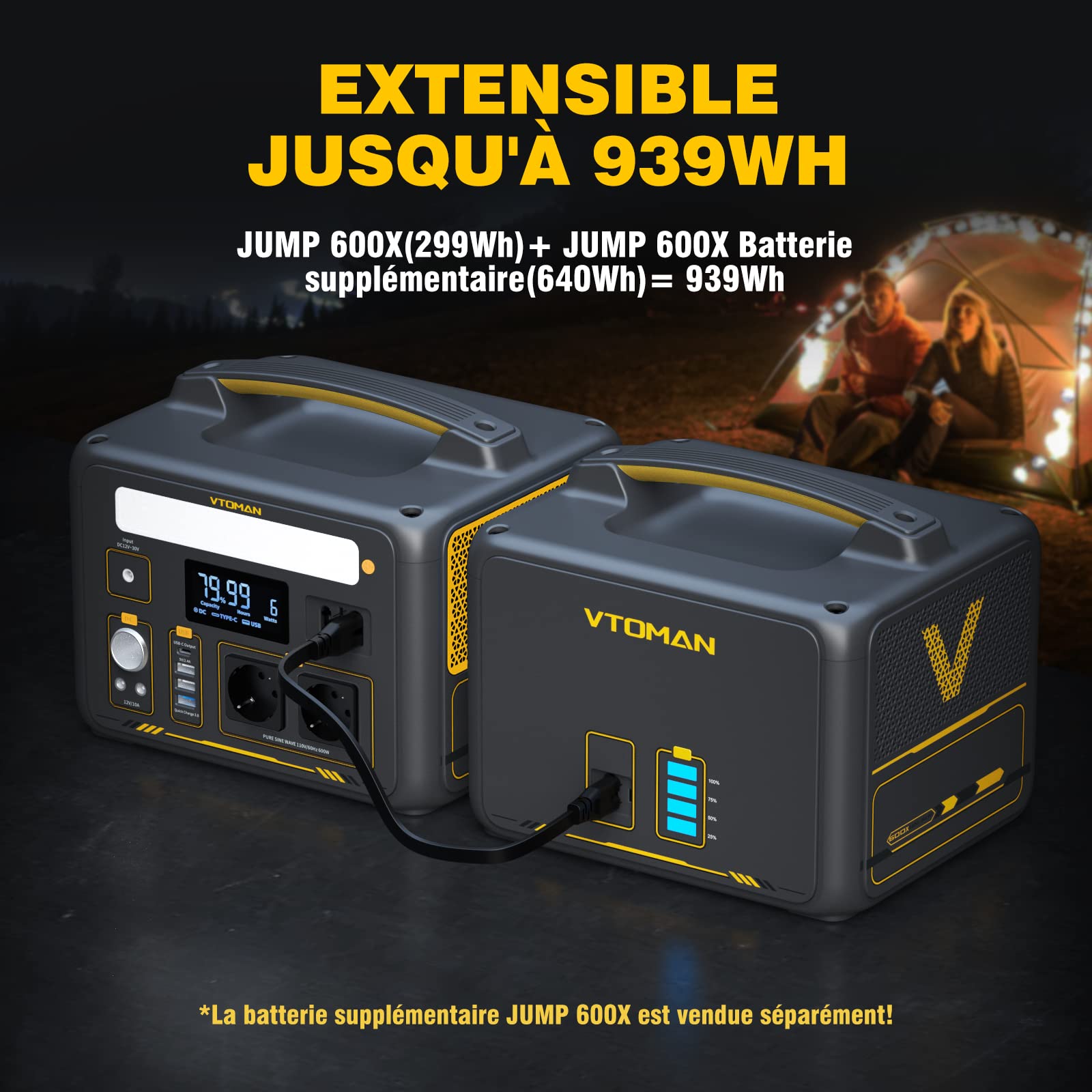 VTOMAN Jump 600X Station électrique Portable avec 110W Panneau Solaire | 600W/299Wh Générateur Solaire LiFePO4 Batterie électrique Générateur, PD 60W Typ-C Sortie/USB QC 3.0 Sortie, pour Camping