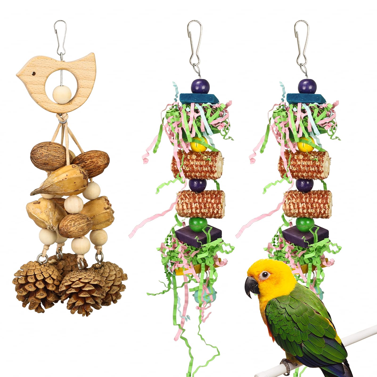 Bird Toys 3 Pack Parrot Toys Natural Bird Cage Accessories Shredded Foraging Supplies Suitable for Parakeets, Cockatiels, Conures, Lovebirds and Most Small to Medium
