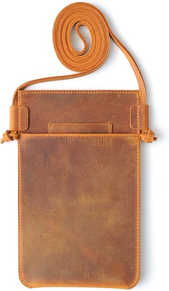 Handmade Crossbody Phone Case with Fixed Strap, Genuine Leather Customizable Small Phone Bag Purse, Camel