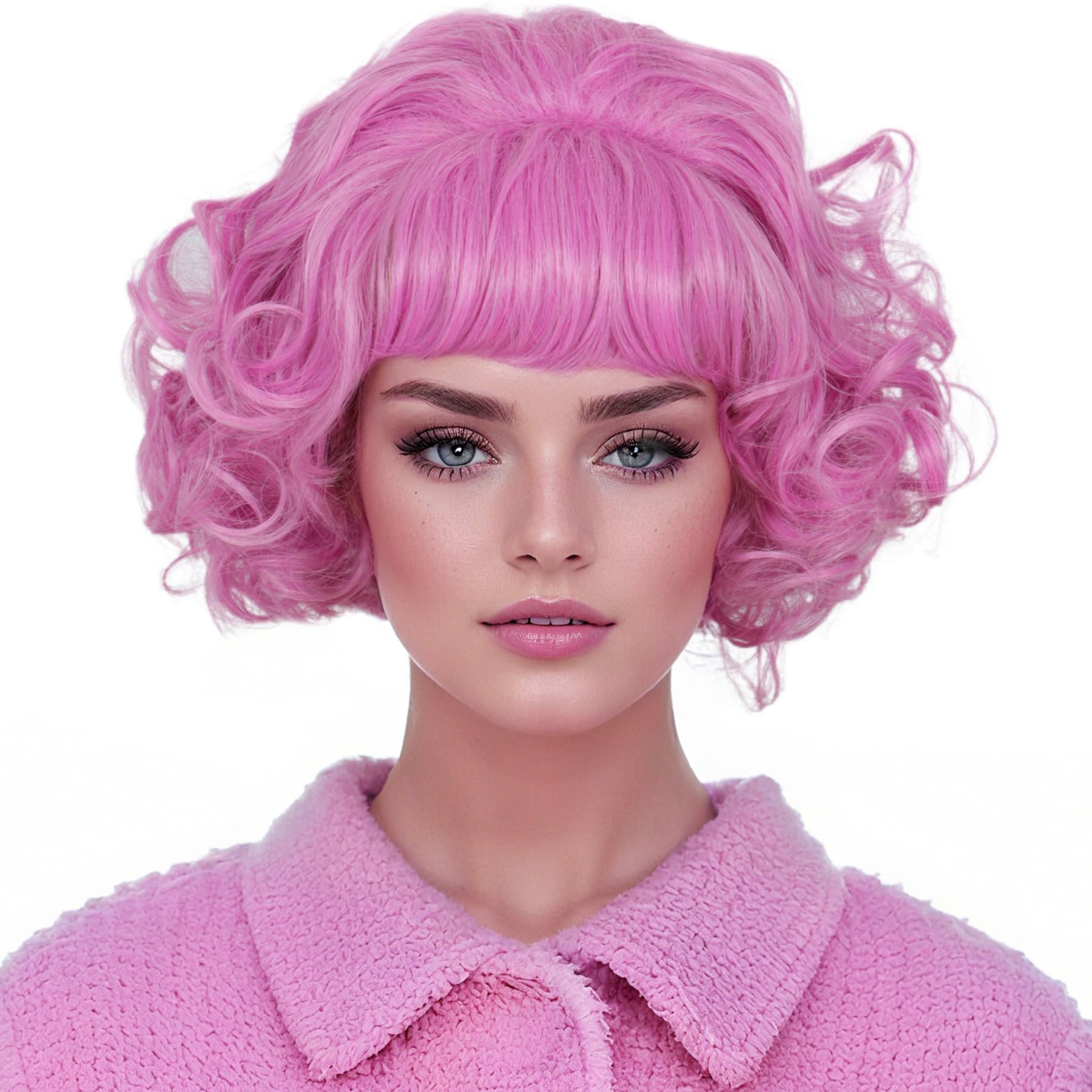 Codeven 50S Short Pink Wigs Halloween Costume Cosplay Curly Party Wig for Men