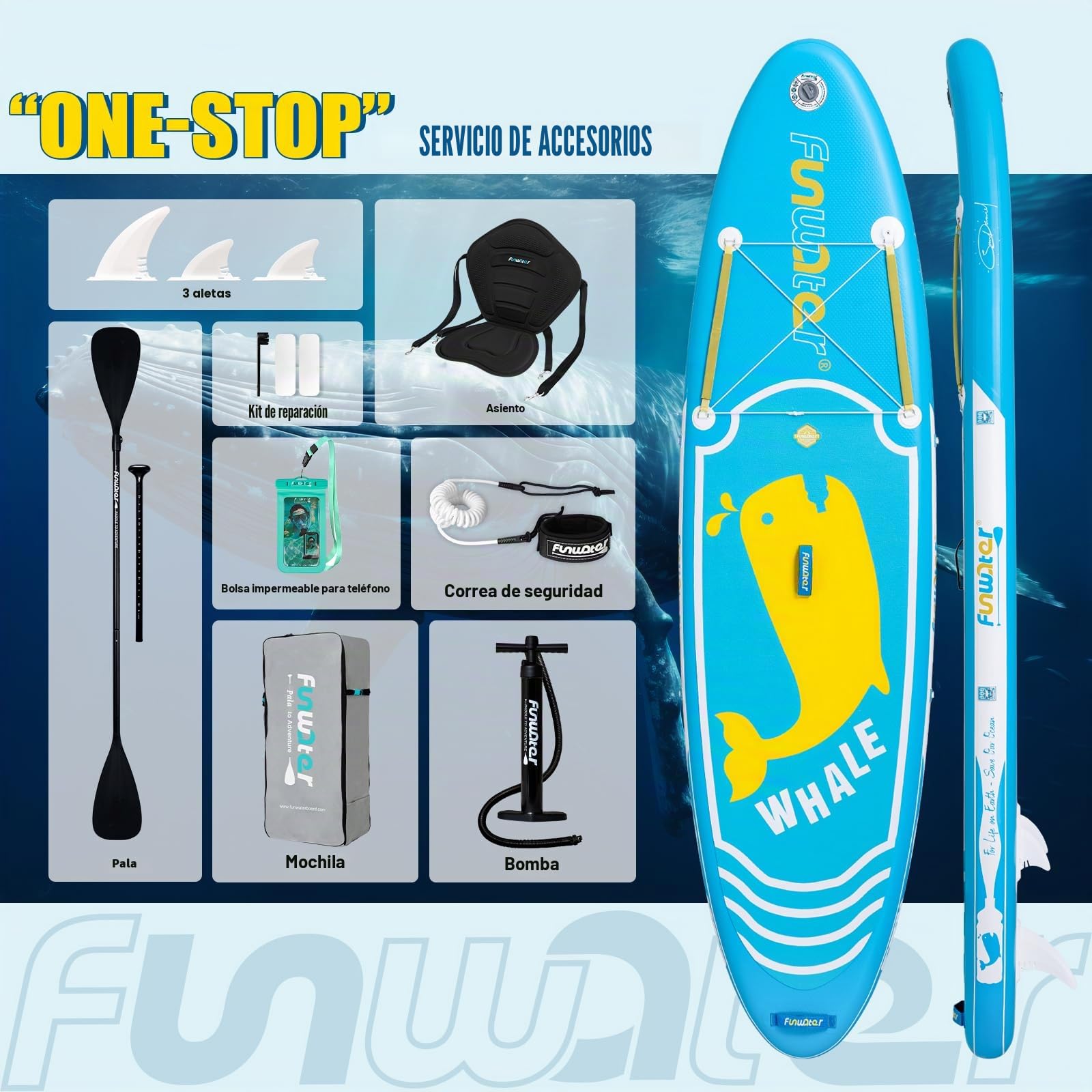 FunWater Tabla de Surf Hinchable de pie para Surf, Tabla de Surf Sup, Accesorio de Remo Ajustable, Bomba, Mochila de Viaje, Correa de Seguridad, Funda Impermeable para teléfono móvil