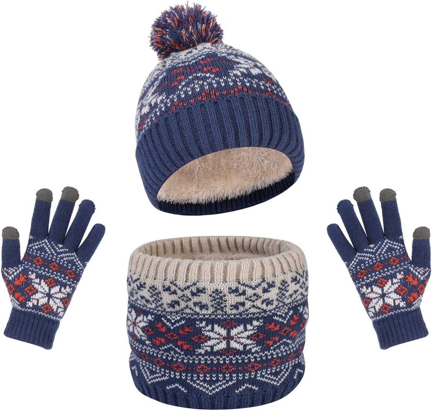 2pcs Boys and Girls Winter Beanie Hat Scarf Gloves Set 3，Thermal Knitted Snowflake Snood Scarf Gloves Set for Outdoor Sports