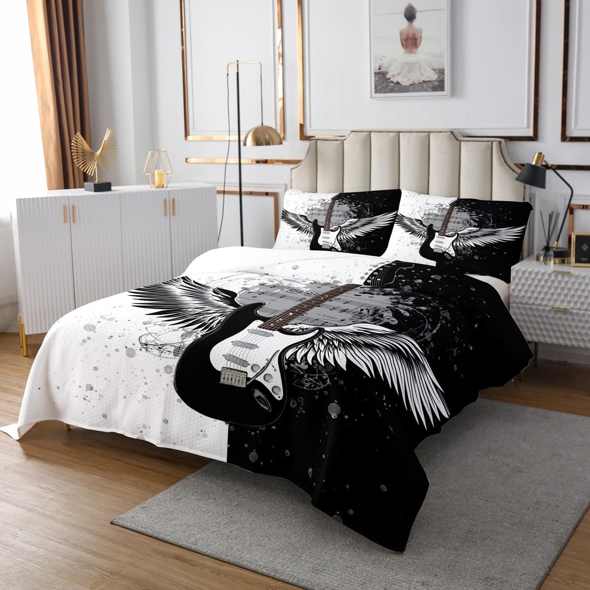 Homewish Music Guitar Bedspread Twin Size,Black White and Grey Graffiti Bedding Set 2Pcs,Musical Notes Comforter Set for Kids Boys Girls Adult Room Decor Fashion Modern Quilt Set,1 Pillowcase