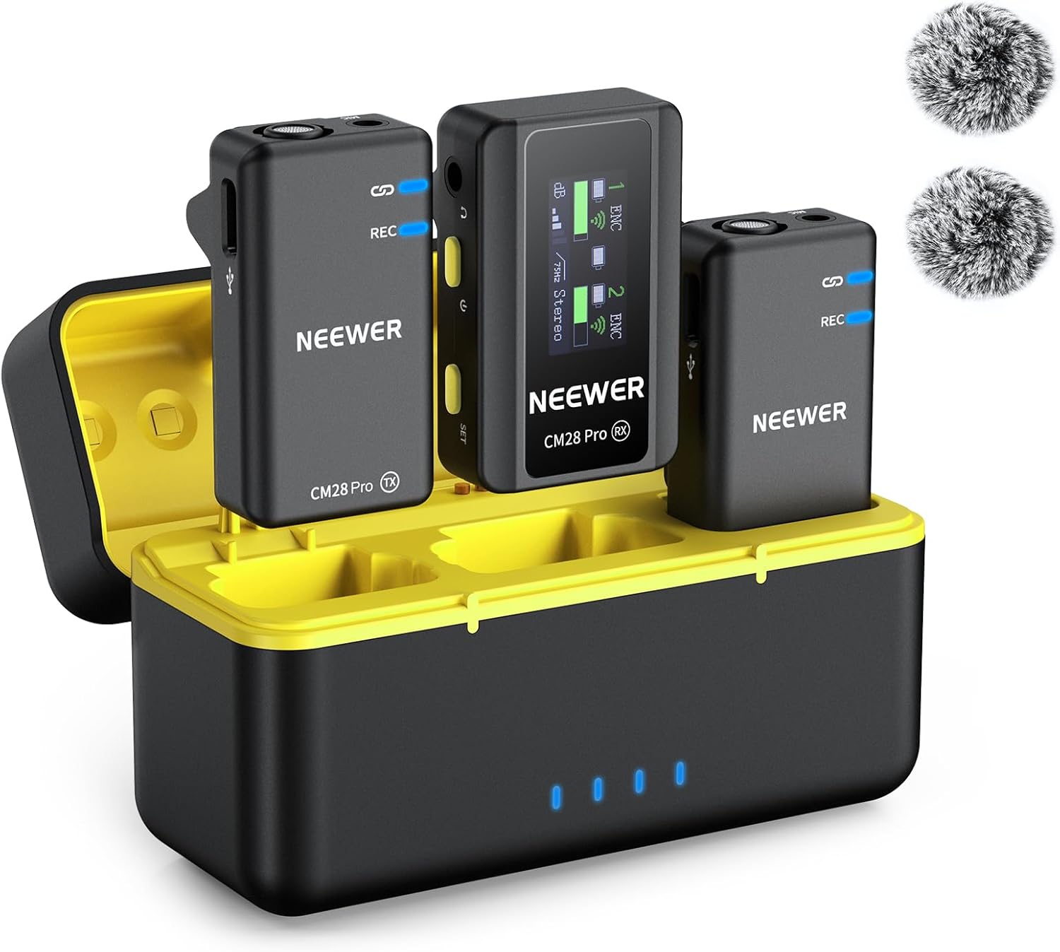 Neewer CM28 Pro Système de microphone sans fil cravate avec étui de charge 48 kHz 16 bits non compressé, antibruit, stockage 4 Go, enregistrement compatible avec iPhone iPad Android Caméra PC