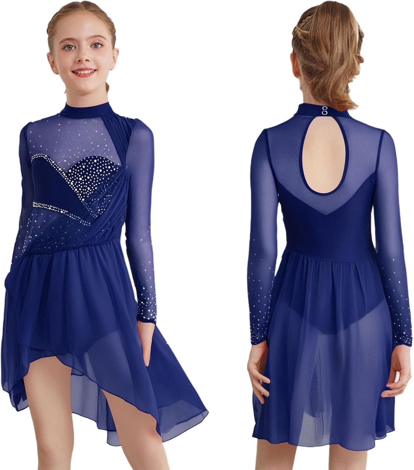 Child Girls Lyrical Dance Costume Sheer Mesh Ballet Skirted Leotard Irregular Figure Skating Dress