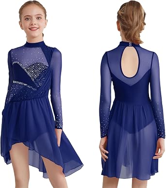 Child Girls Lyrical Dance Costume Sheer Mesh Ballet Skirted Leotard Irregular Figure Skating Dress