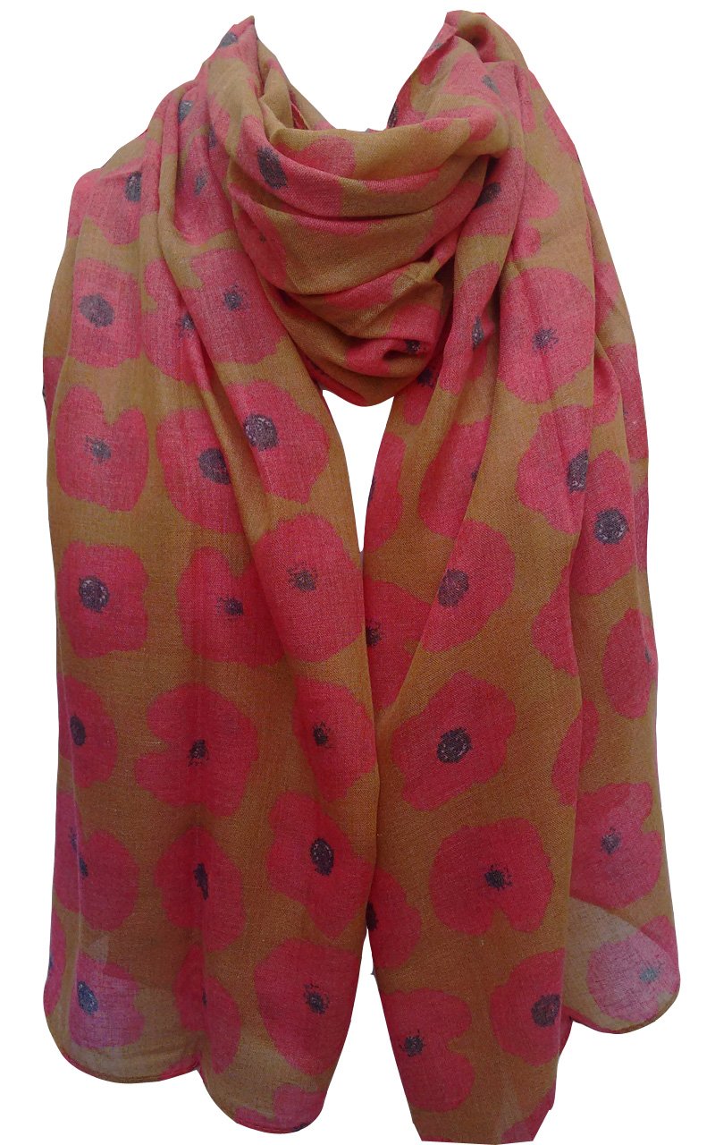 Glamlondon Women's Simple-Poppy-Mustard Poppy Scarf Red Poppies Printed Large Soft Flower Floral Wrap (Simple-Poppy-Mustard)