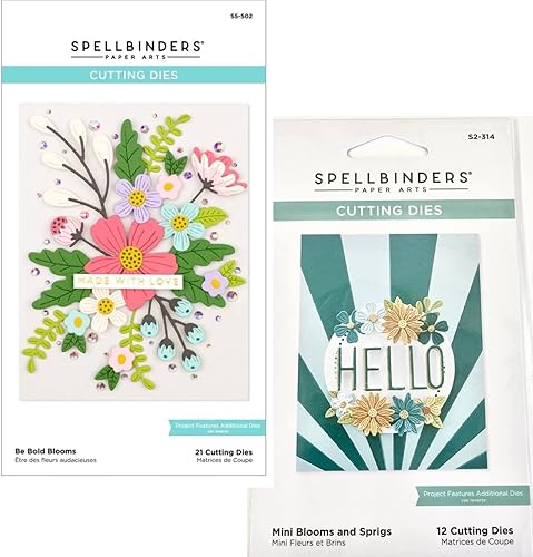Spellbinders, Paquete de 2 juegos de troqueles Bloom, Be Bold Blooms (S5-502) y mini flores y ramitas, (S2-314), total de 32 troqueles