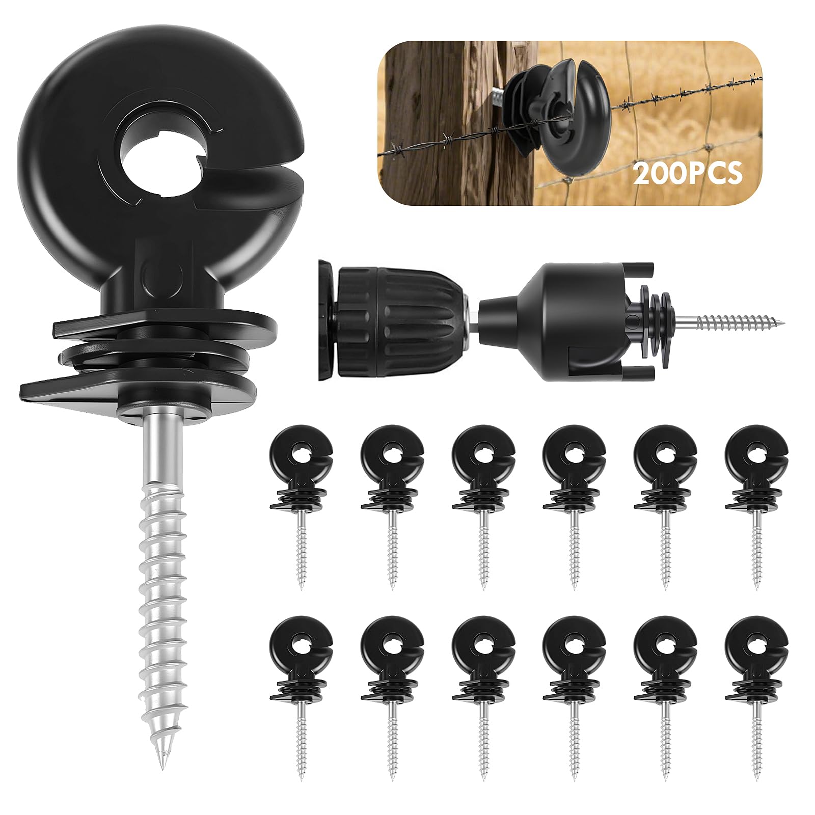 200 Pièces Isolateurs Annulaires pour Clôture Électrique, Isolateurs pour Clôture de Pâturage avec Clé à Douille, Poteaux Annulaires Isolateurs à Visser pour Cordes, Fils et Brins (200)