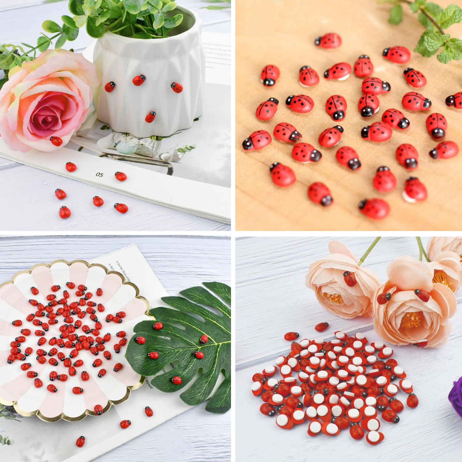 Mini Mariquitas Decorativas,100 Piezas Madera Mariquitas Autoadhesivas Mariquitas para DIY Crafting Scrapbooking Fiesta Boda Decoración(9 * 12mm)